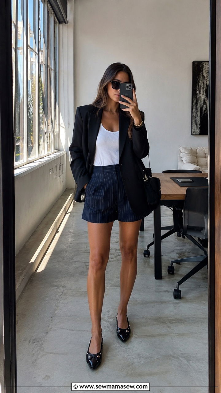 Black Oversized Blazer With Pinstripe Shorts - 30 Oversized blazer outfit ideas with shorts