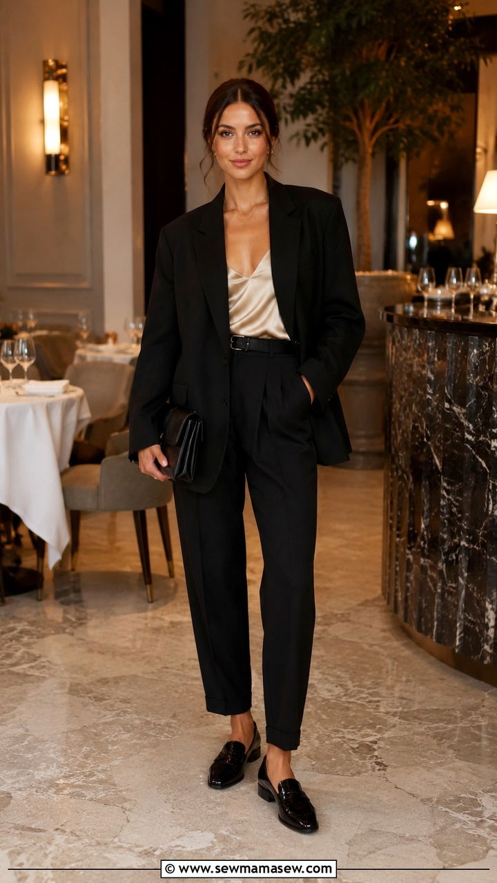 Black Oversized Blazer With Satin Camisole And Tailored Trousers - 30 Oversized blazer outfit ideas with loafers