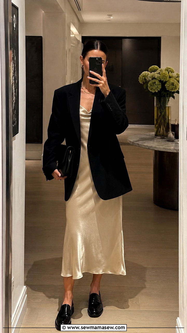 Black Oversized Blazer With Slip Dress And Patent Loafers - 30 Oversized blazer outfit ideas with loafers