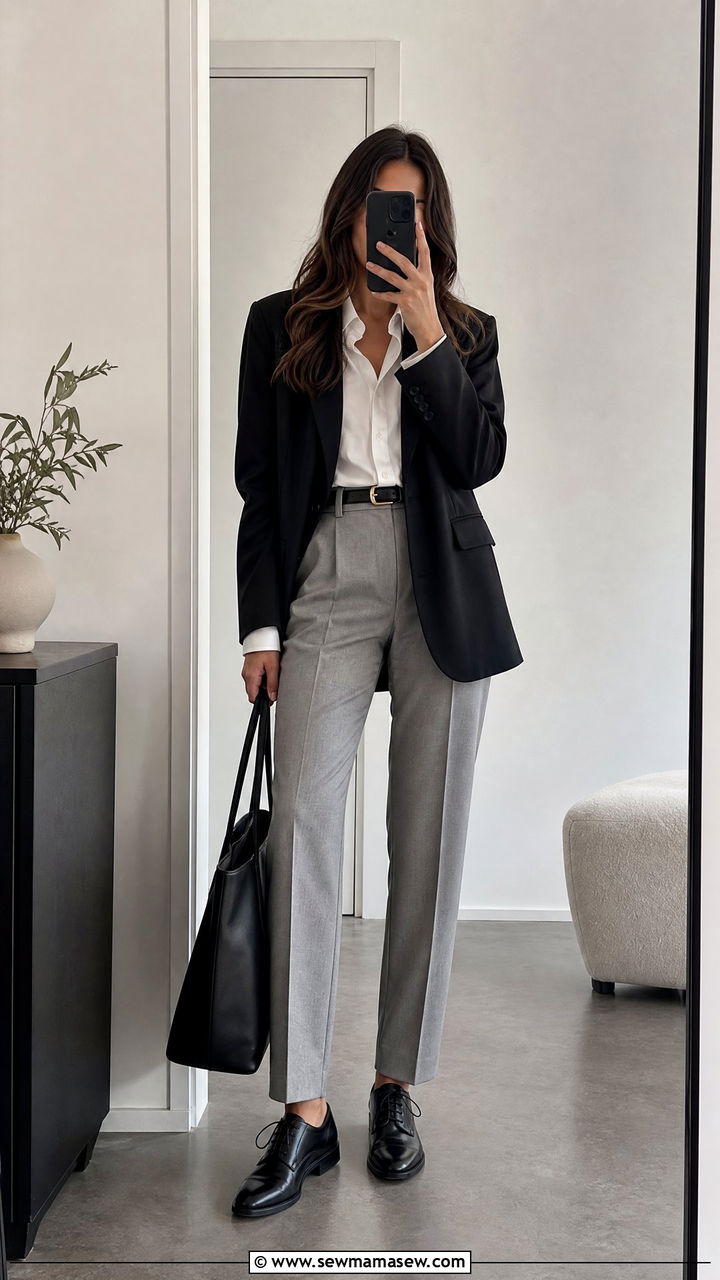 Black Oversized Blazer and Gray Trousers Work Outfit - 35 Minimalist work outfit ideas