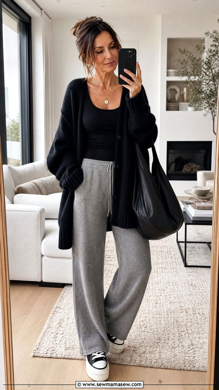 Black Oversized Cardigan with Gray Lounge Trousers - 25 cardigan outfits for women over 40
