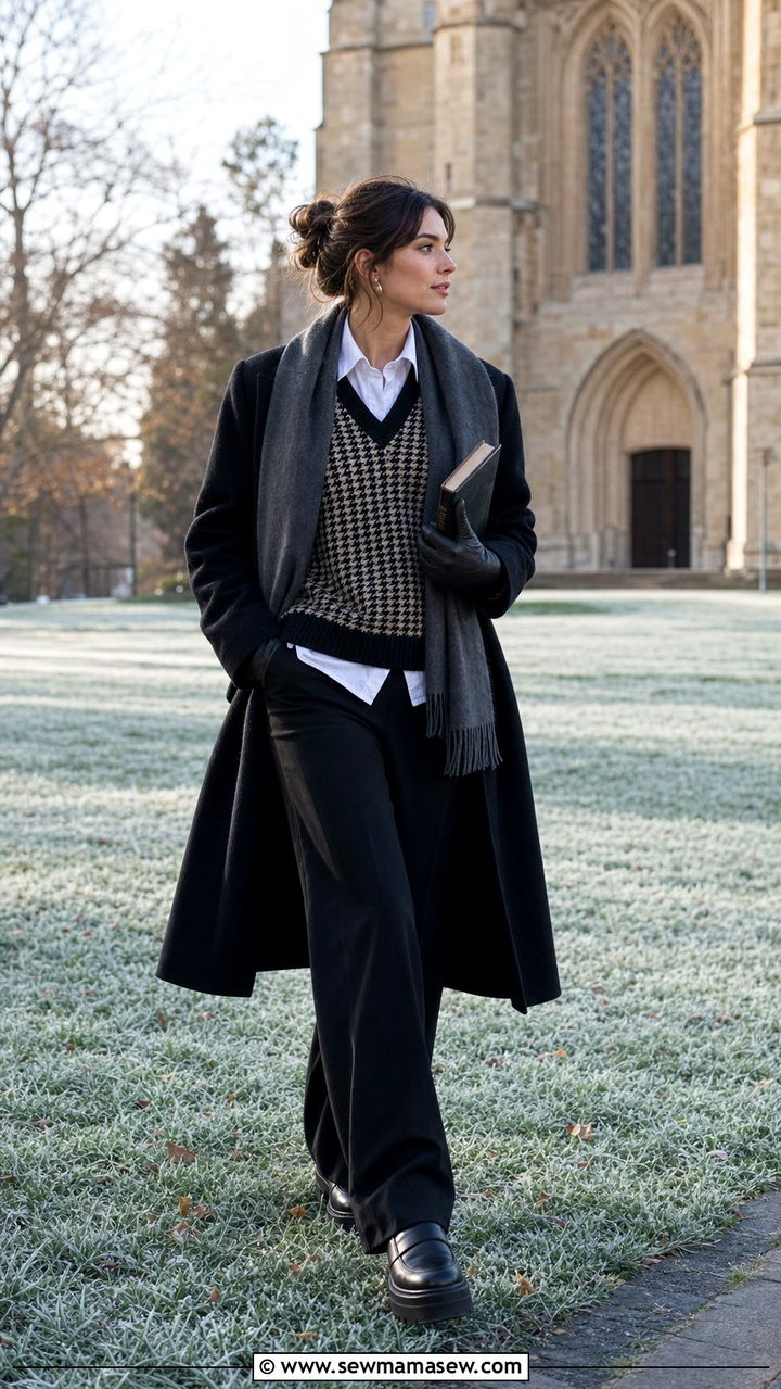 Black Oversized Coat With Houndstooth Sweater Vest - 25 dark academia outfits aesthetic