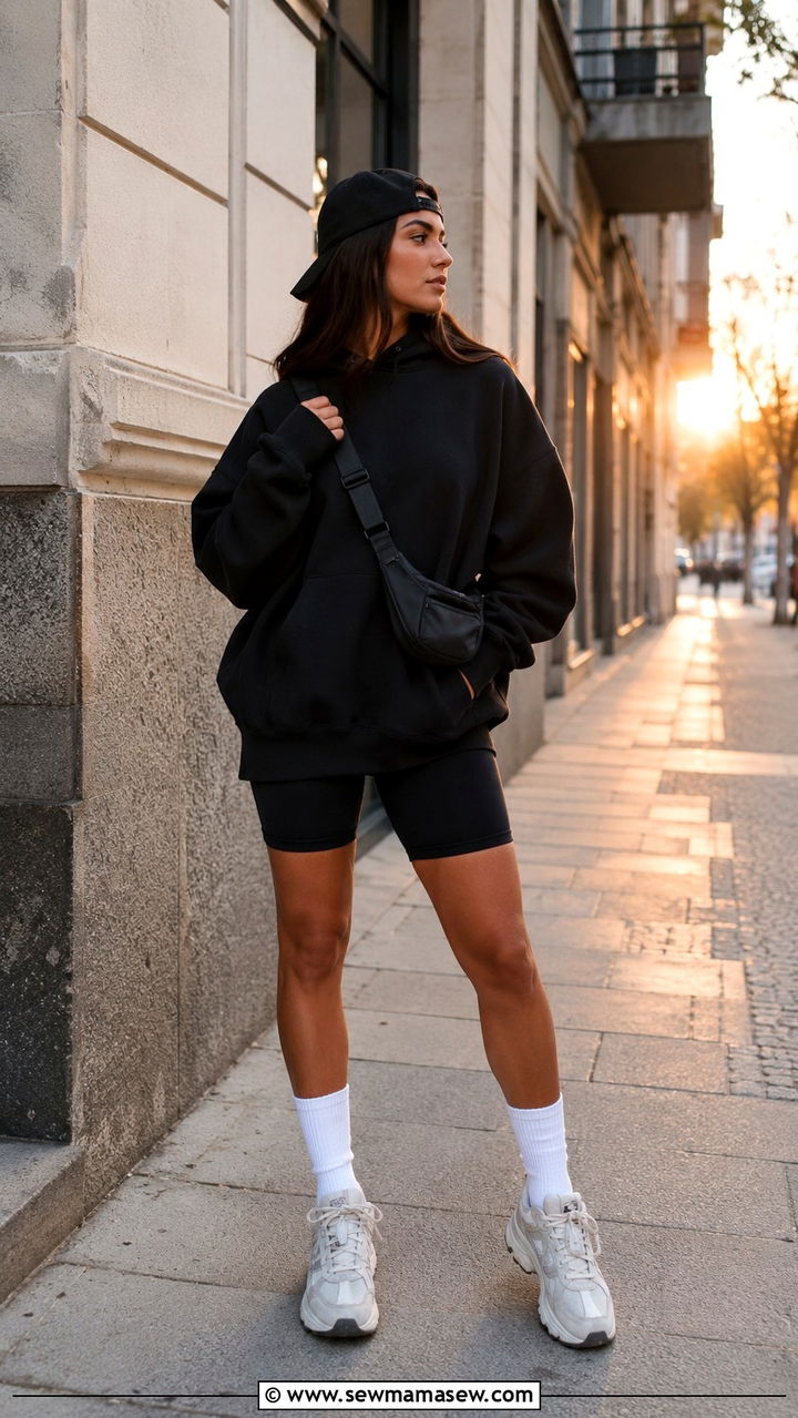 Black Oversized Hoodie And Biker Shorts Outfit - 25 Black loungewear set outfit ideas