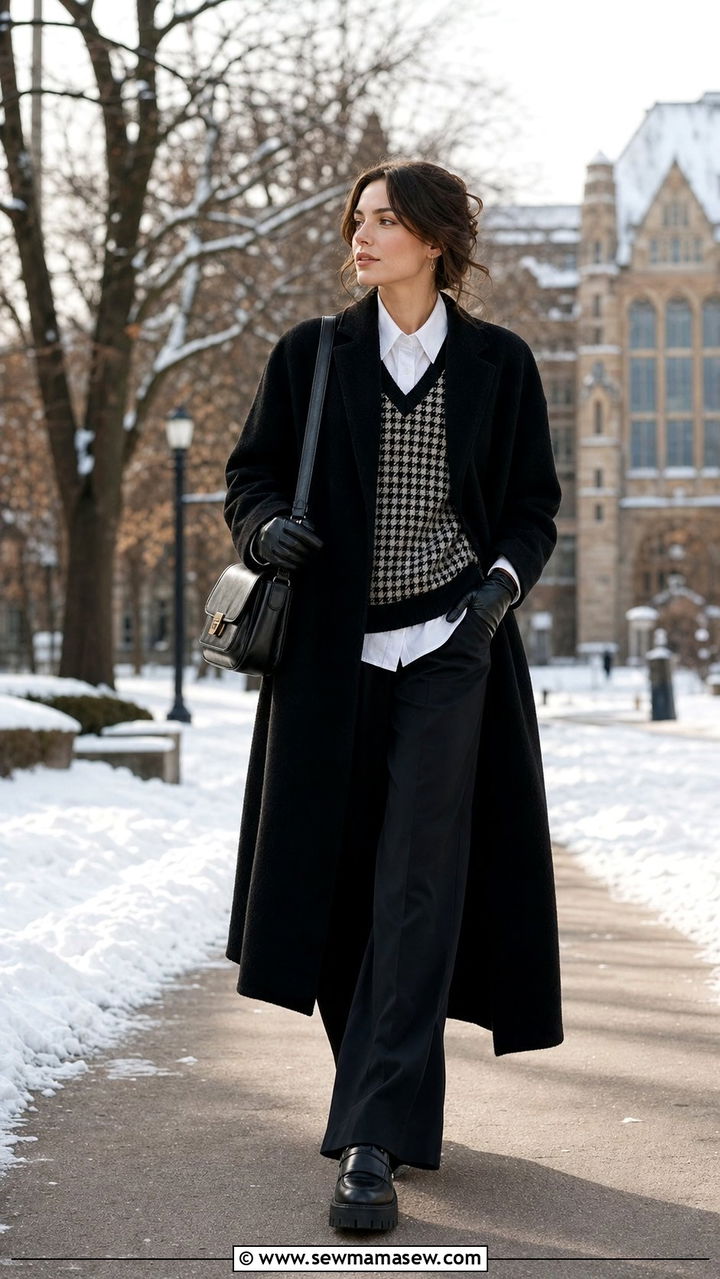 Black Oversized Wool Coat With Houndstooth Sweater Vest And WideLeg Trousers - 25 dark academia capsule wardrobe outfits