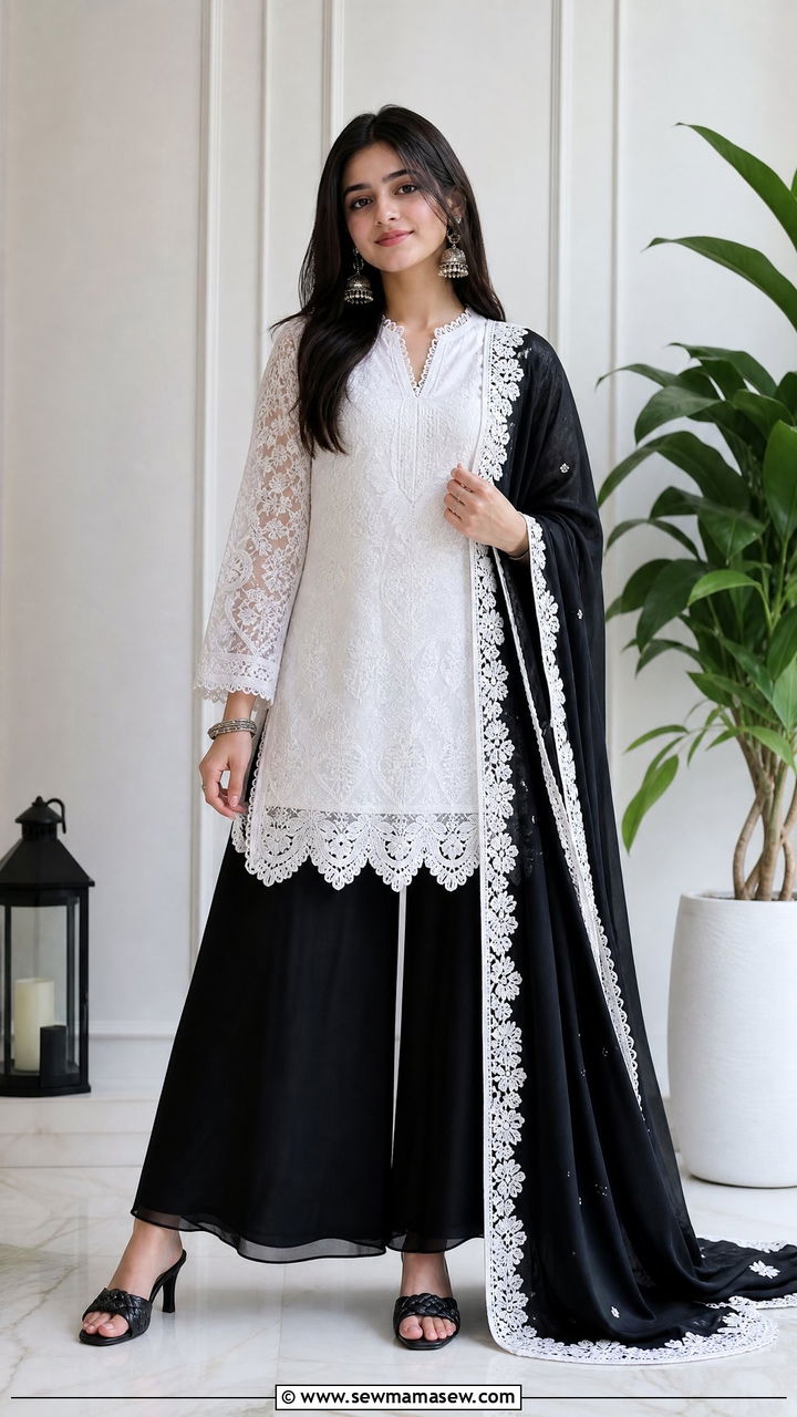 Black Palazzo Pants with White Lace Kurta - 30 Eid outfit ideas for teens