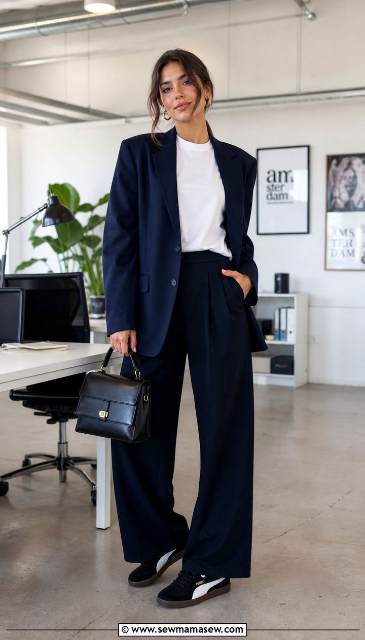 Black Palermo with wide leg tailored trousers and oversized blazer - 25 Sporty chic outfit ideas with Puma Palermo