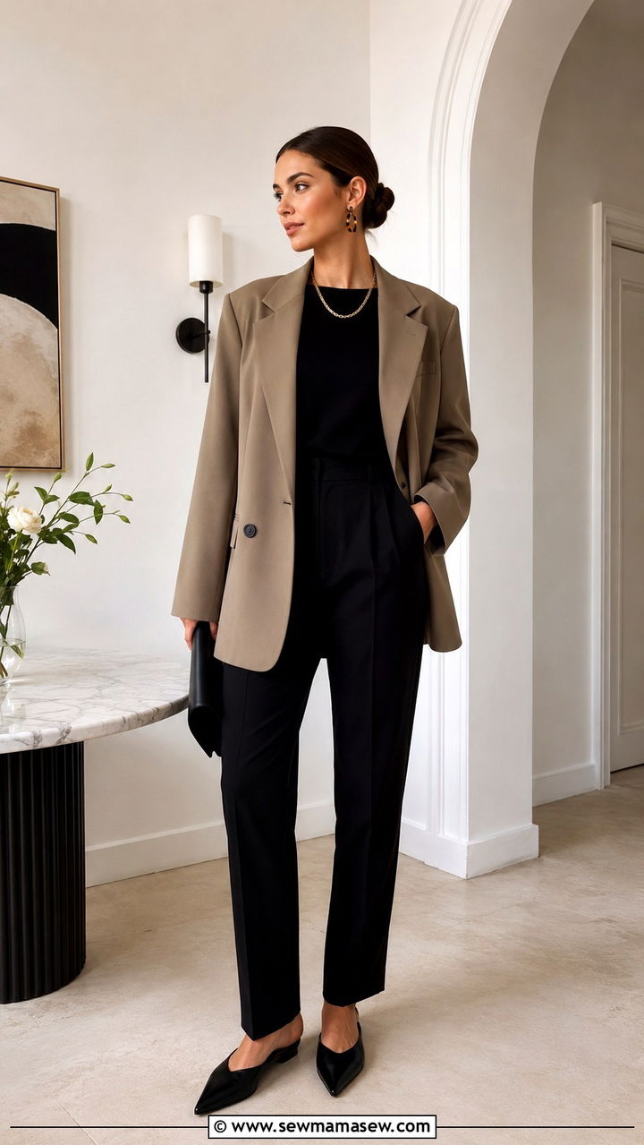 Black Pants With Dark Beige Blazer - 30 office outfits Pinterest