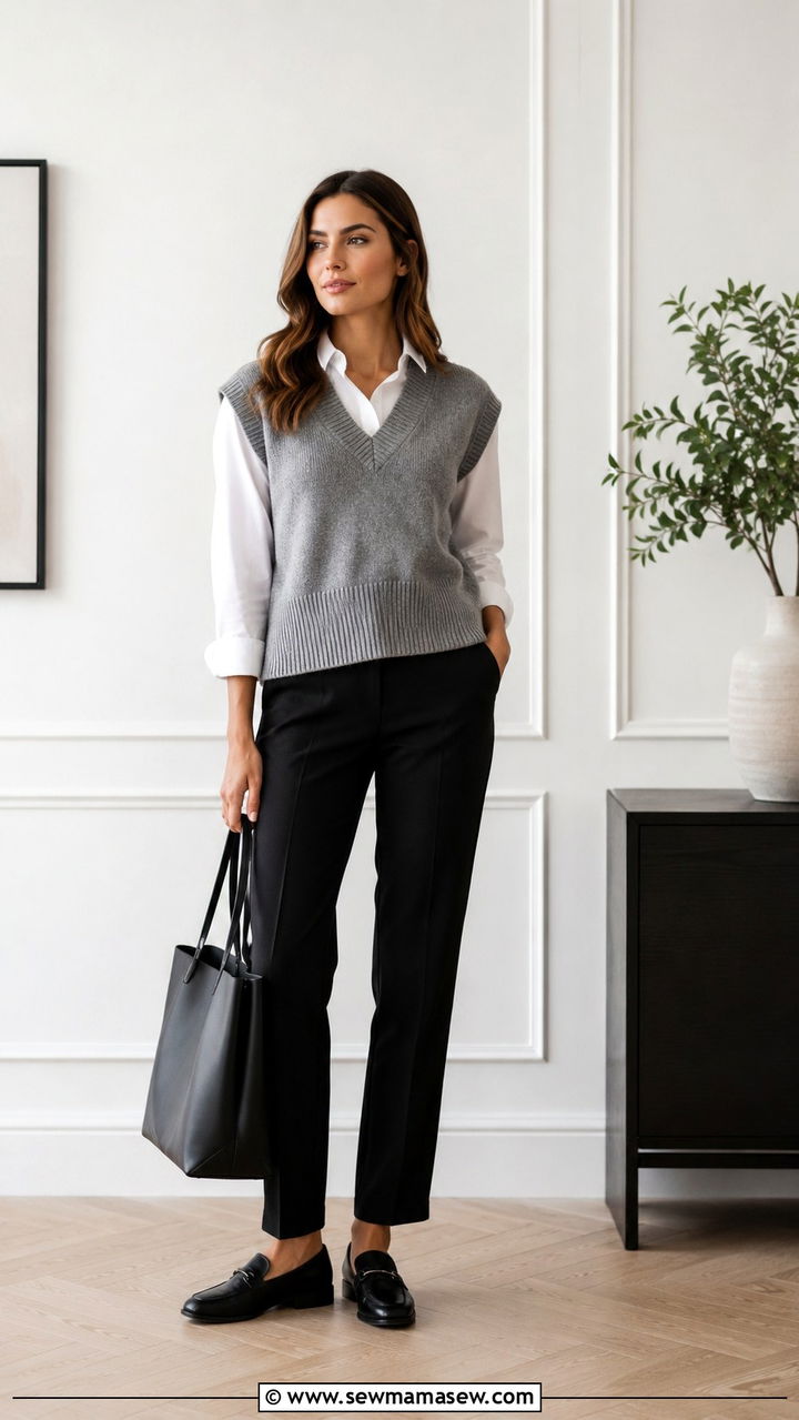 Black Pants With Grey Knitted Sweater Vest - 30 office outfits Pinterest