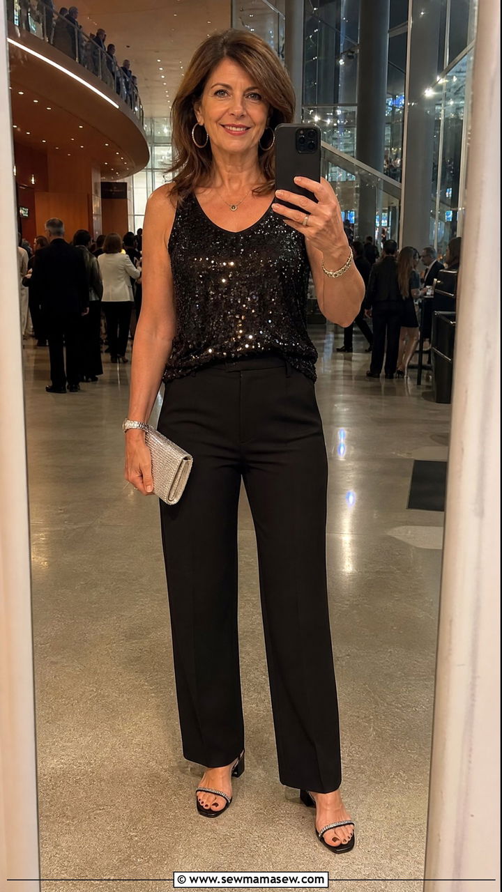 Black Pants With Sparkly Top Concert Look - 30 Concert outfit ideas for women over 50