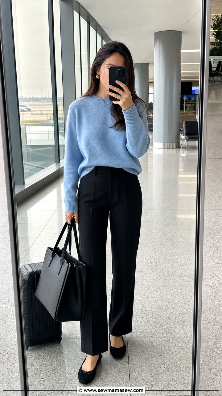 Black Pants With a Blue Sweater Outfit - 30 Elegant airport outfit ideas
