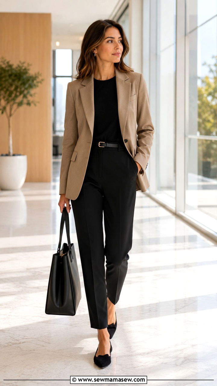 Black Pants with Dark Beige Blazer - 30 office outfits aesthetic