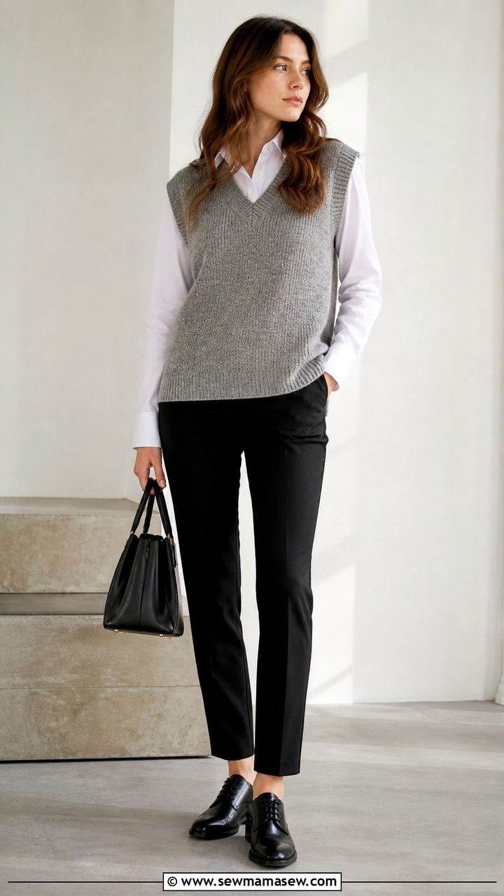Black Pants with Gray Knitted Sweater Vest - 40 business casual outfits for women