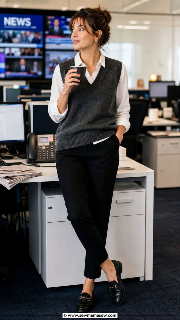 Black Pants with Grey Knitted Sweater Vest - 25 Journalist outfit ideas