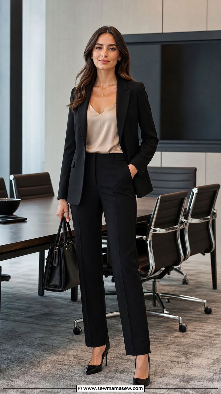 Black Pantsuit With Silk Camisole - 25 Sales meeting outfit ideas