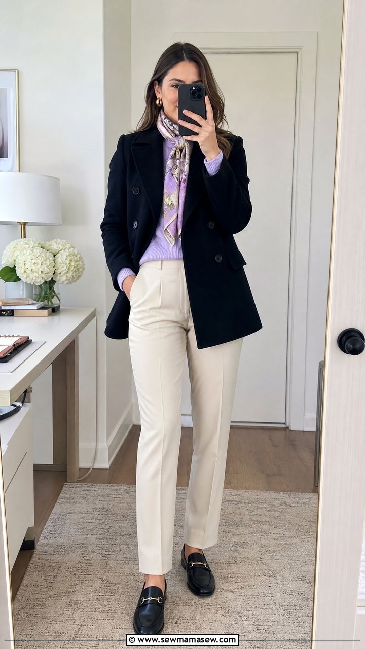 Black Pea Coat With Pastel Sweater And Trousers Spring Outfit - 25 Spring outfits with pea coat