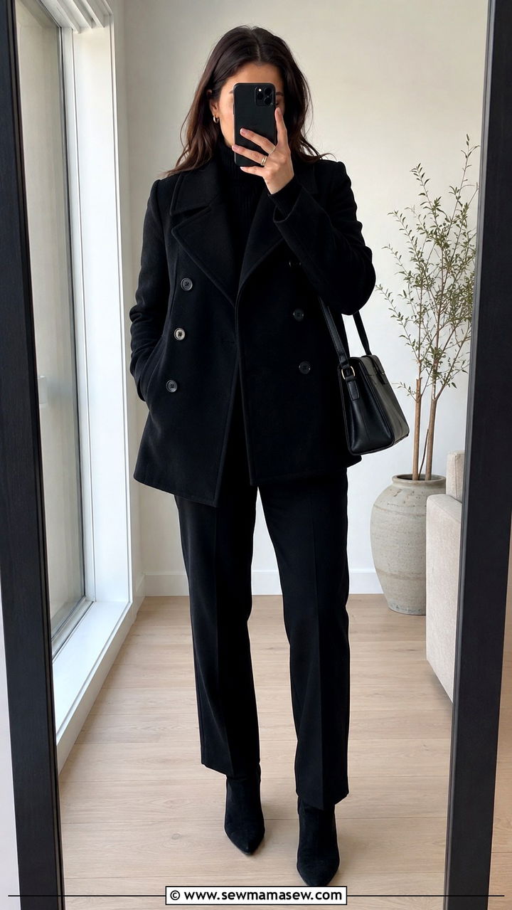 Black Pea Coat with All Black Monochrome Look - 30 How to style a pea coat