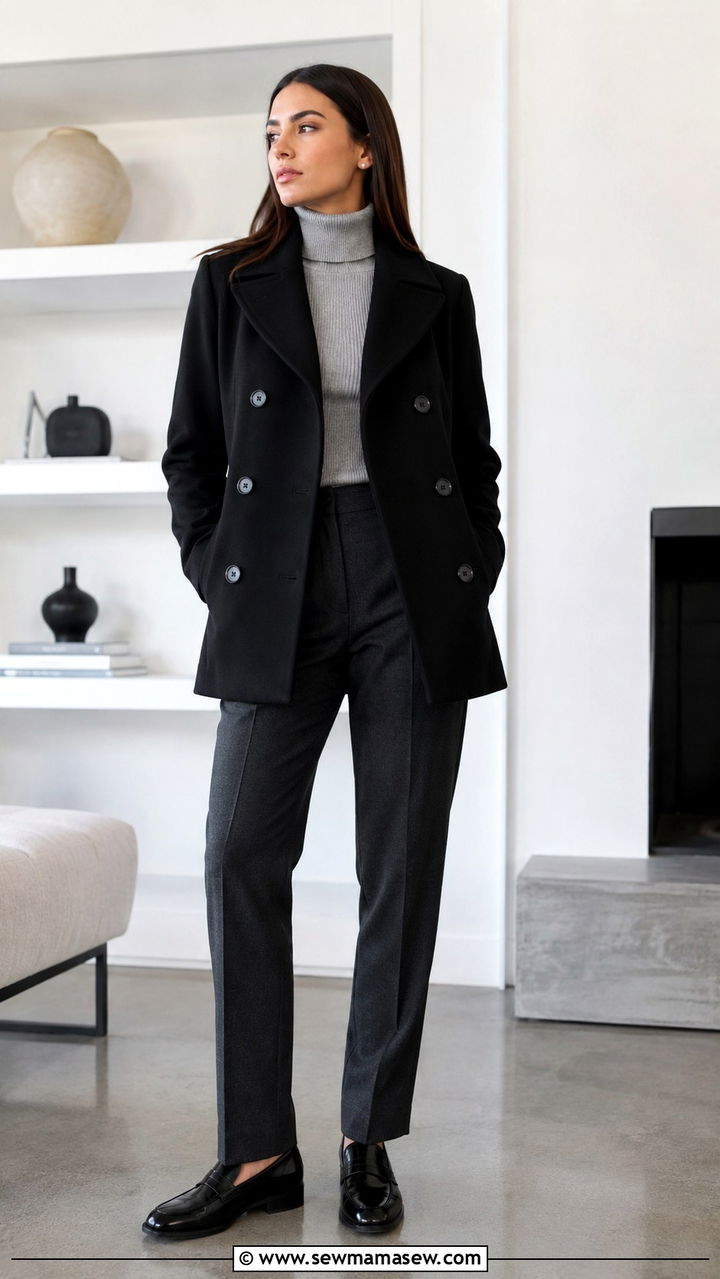 Black Pea Coat with Gray Turtleneck and Charcoal Wool Trousers - 30 How to style a pea coat