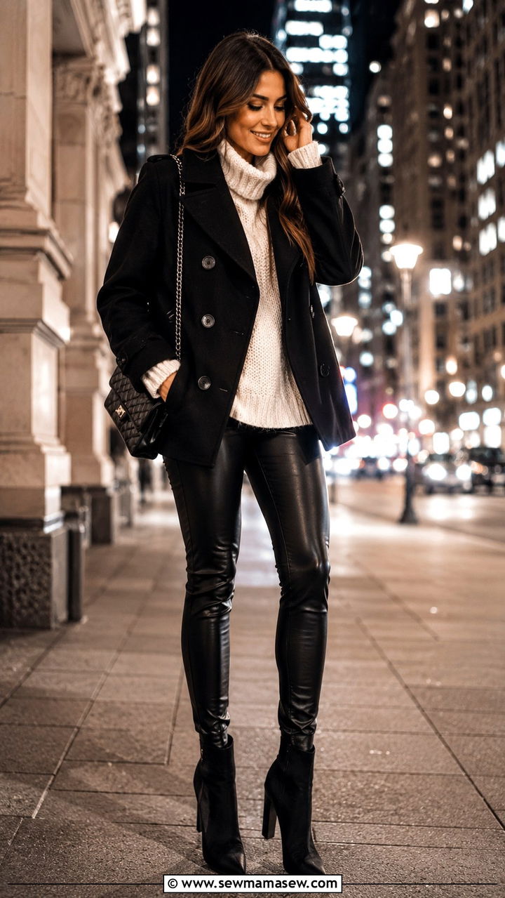 Black Pea Coat with Leather Leggings and Chunky Knit - 30 How to style a pea coat
