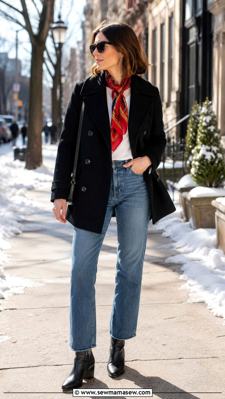 Black Pea Coat with a Pop of Color Scarf and Neutral Basics - 30 How to style a pea coat