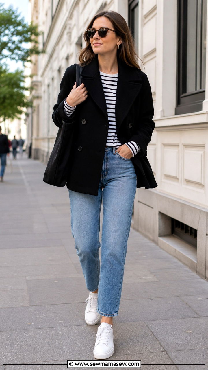 Black Pea Coat with a Striped Tee and White Sneakers - 30 How to style a pea coat