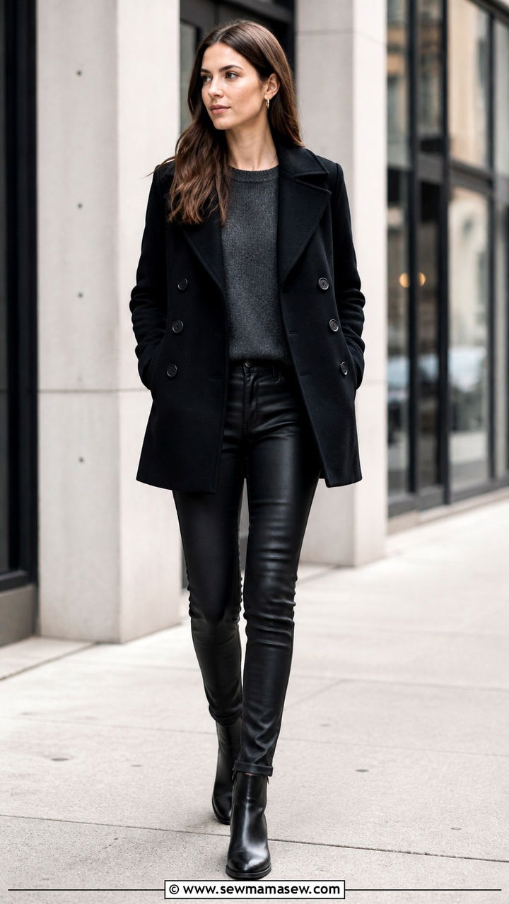 Black Peacoat with a Grey Sweater and Black Coated Jeans - 40 Pea coat outfit ideas