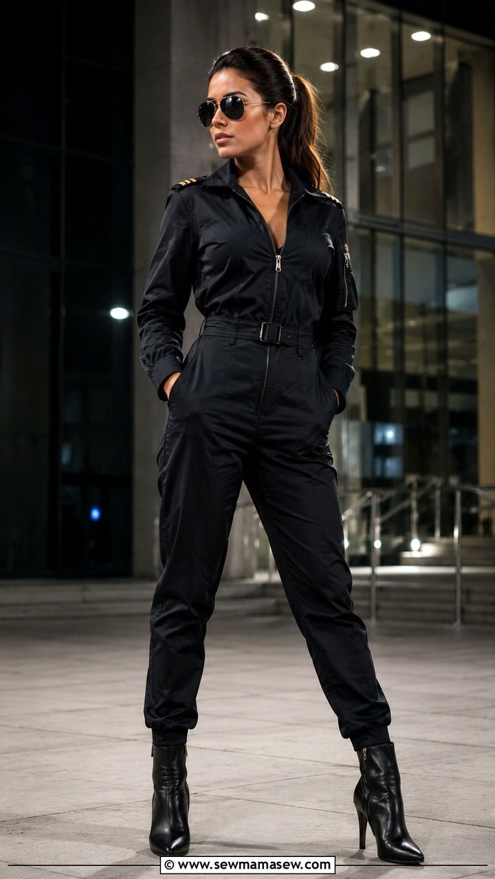 Black Pilot Jumpsuit With Aviator Sunglasses - 25 Pilot outfit ideas