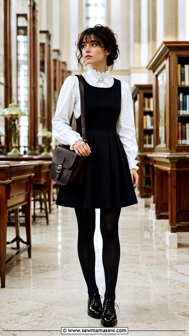 Black Pinafore Dress Over White Blouse - 30 Mysterious spring outfit ideas