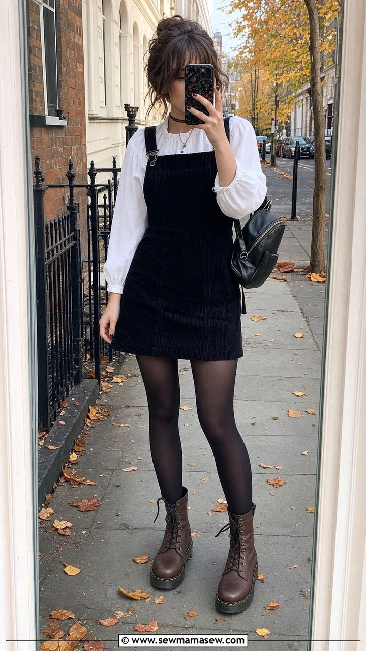 Black Pinafore Dress With White PuffSleeve Blouse And Combat Boots - 25 dark academia capsule wardrobe outfits