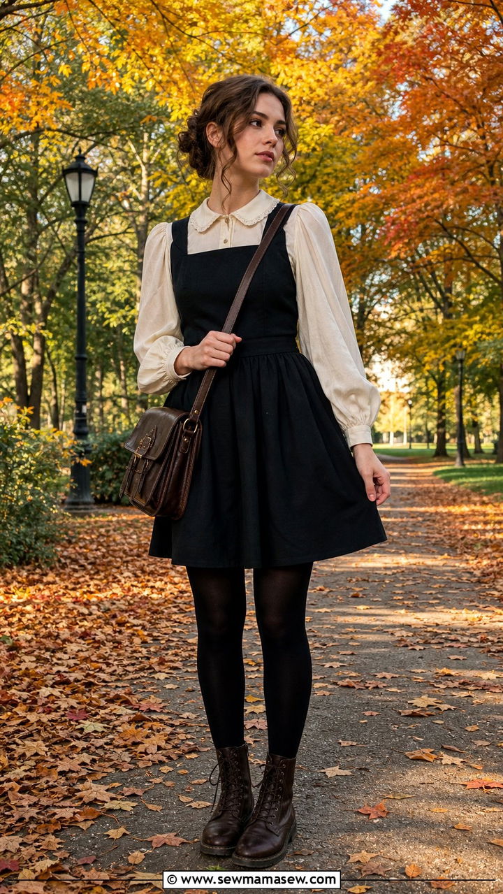 Black Pinafore Dress with Puff Sleeve Blouse and Combat Boots - 25 cute dark academia outfits