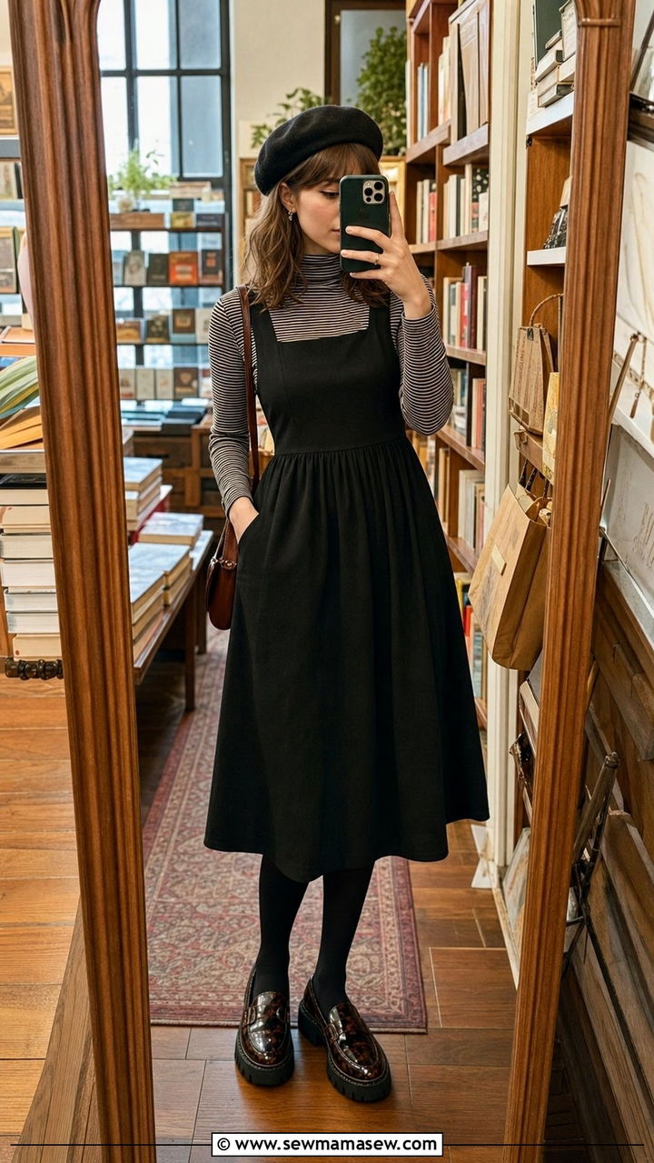 Black Pinafore Dress with Striped Top and Loafers - 25 cute dark academia outfits