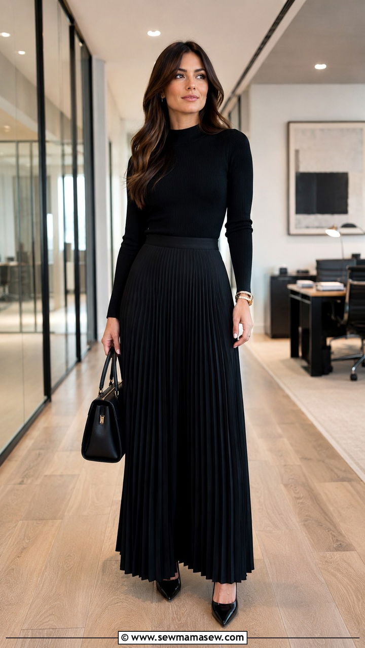 Black Pleated Maxi Skirt With Fitted Knit Top - 30 Pleated skirt outfit ideas for work
