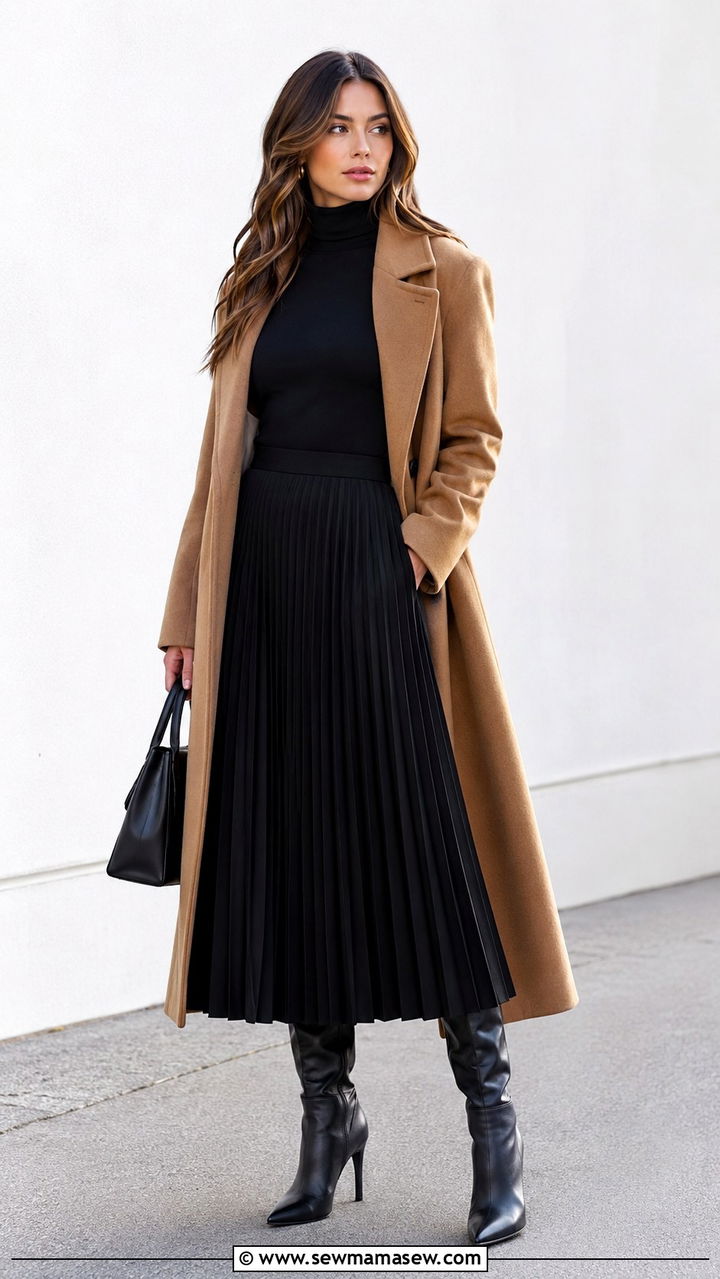 Black Pleated Maxi Skirt With Knee High Boots Outfit - 30 Maxi skirt outfit ideas with boots
