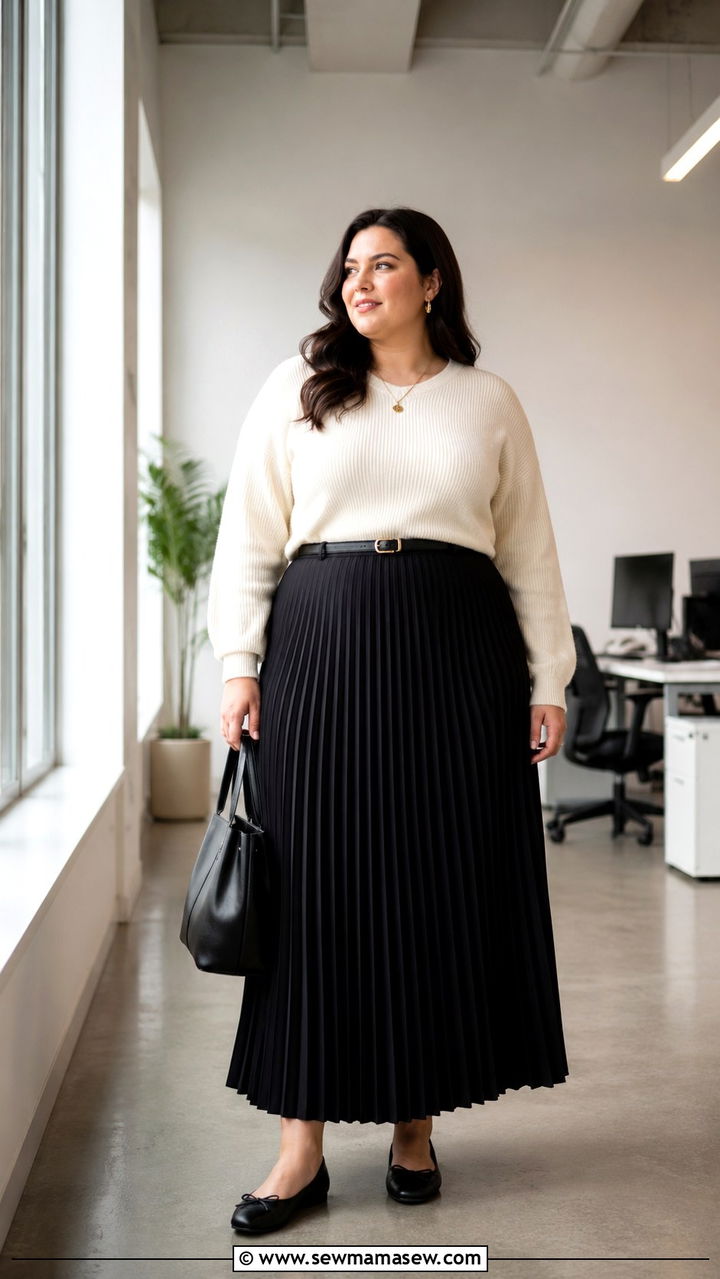 Black Pleated Maxi Skirt with Knit Sweater Outfit - 30 plus size office outfit ideas