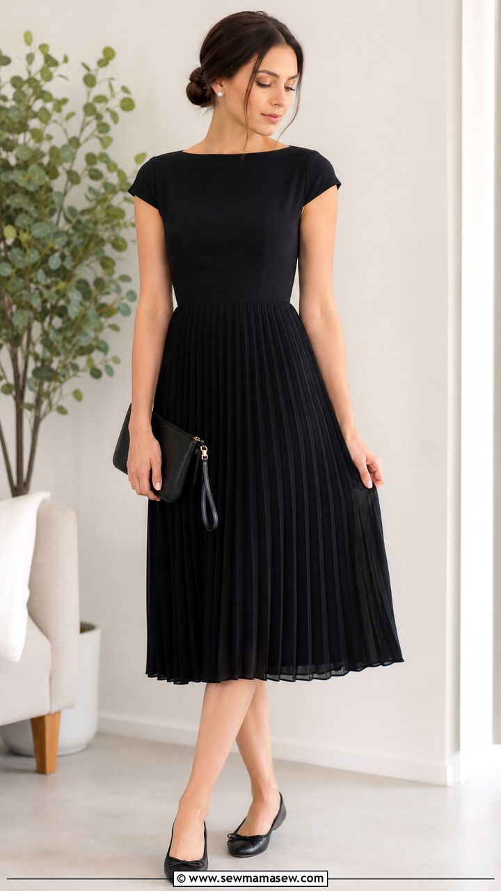 Black Pleated Midi Dress With Pearl Earrings - 25 Funeral outfits for summer