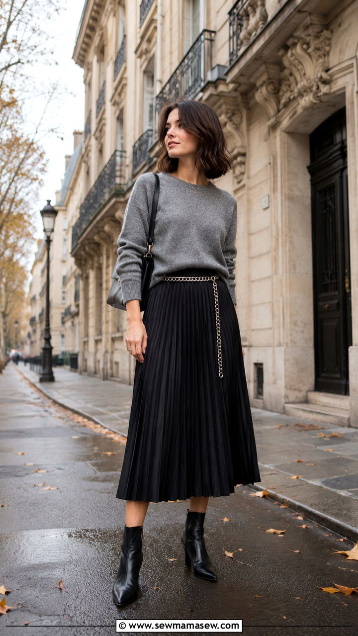 Black Pleated Midi Skirt With A Gray Knit And Pointed Boots - 30 Parisian capsule wardrobe 2026