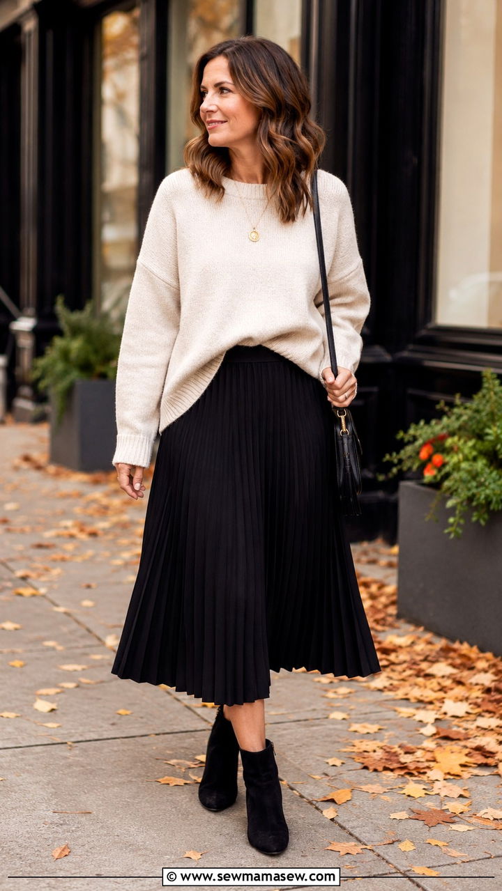 Black Pleated Midi Skirt With Sweater And Ankle Boots - 30 midi skirt outfits for women over 40
