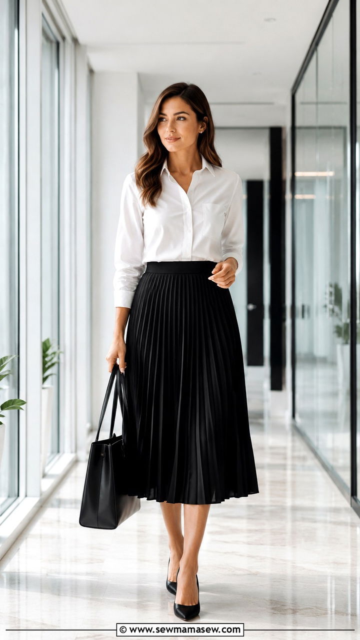 Black Pleated Midi Skirt With White Button Down - 30 Pleated skirt outfit ideas for work