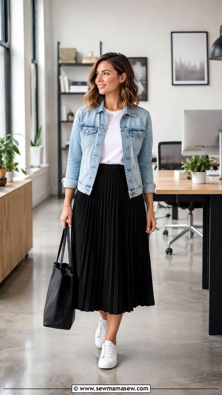Black Pleated Skirt With Denim Jacket - 30 Pleated skirt outfit ideas for work