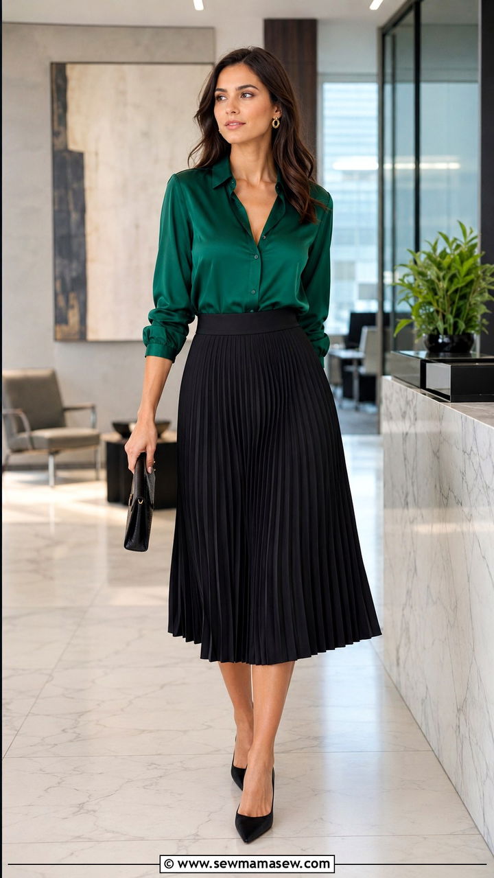 Black Pleated Skirt With Emerald Green Blouse - 30 Pleated skirt outfit ideas for work