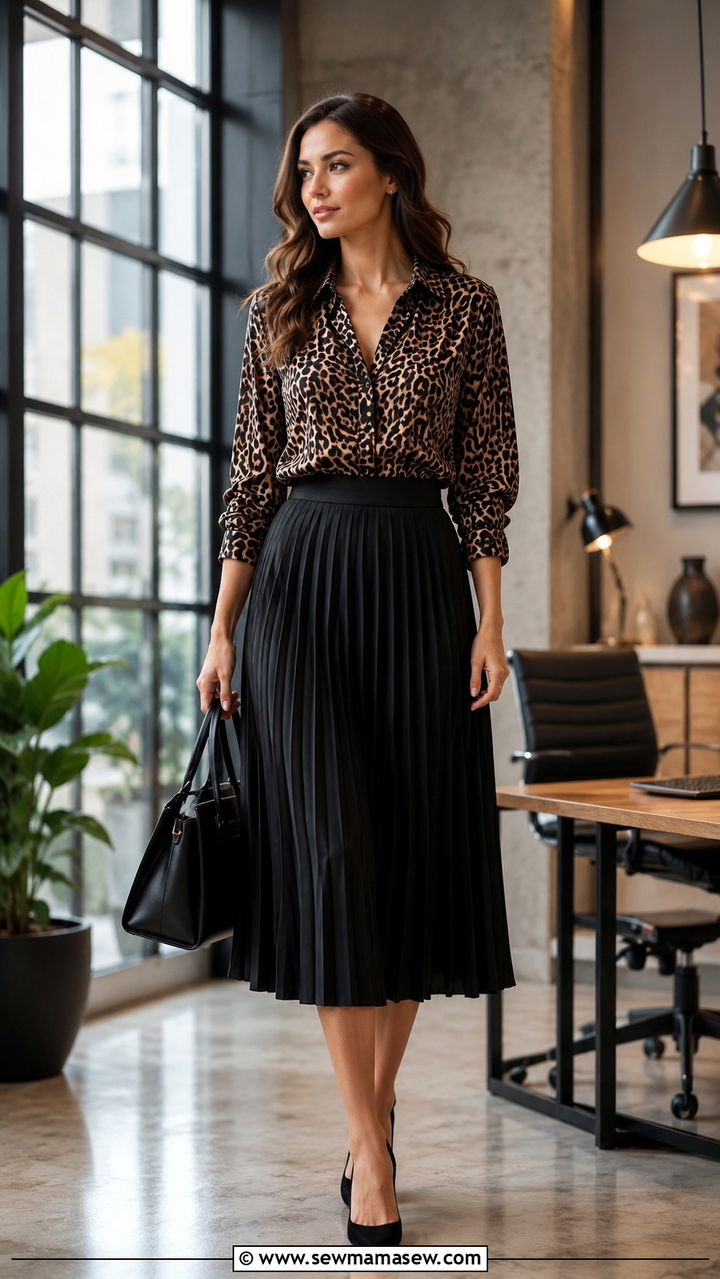 Black Pleated Skirt With Leopard Print Blouse - 30 Pleated skirt outfit ideas for work