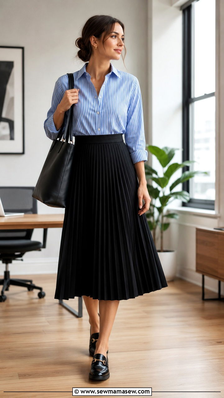 Black Pleated Skirt With Striped Button Down - 30 Pleated skirt outfit ideas for work