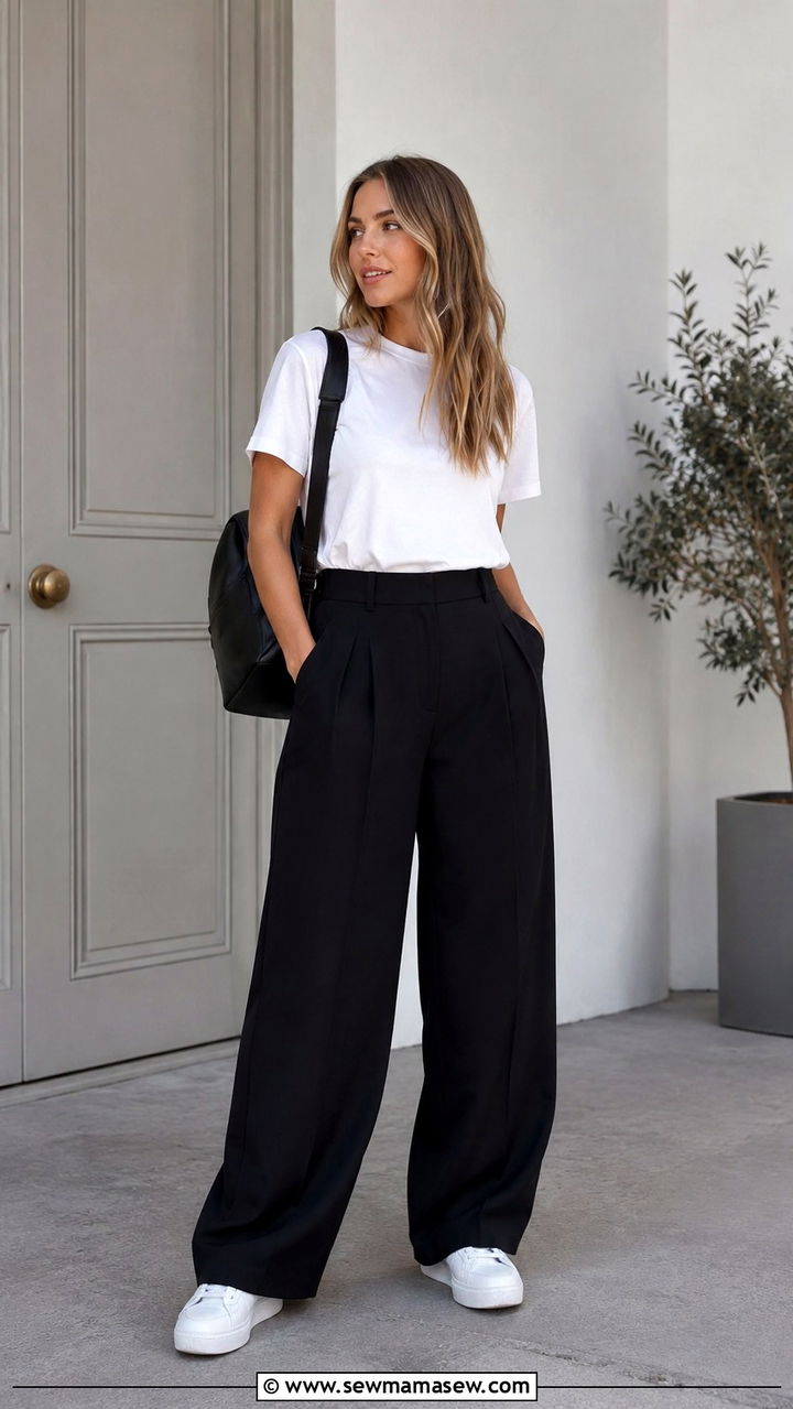 Black Pleated Trousers with White Sneakers Outfit - 30 classy back to school outfits