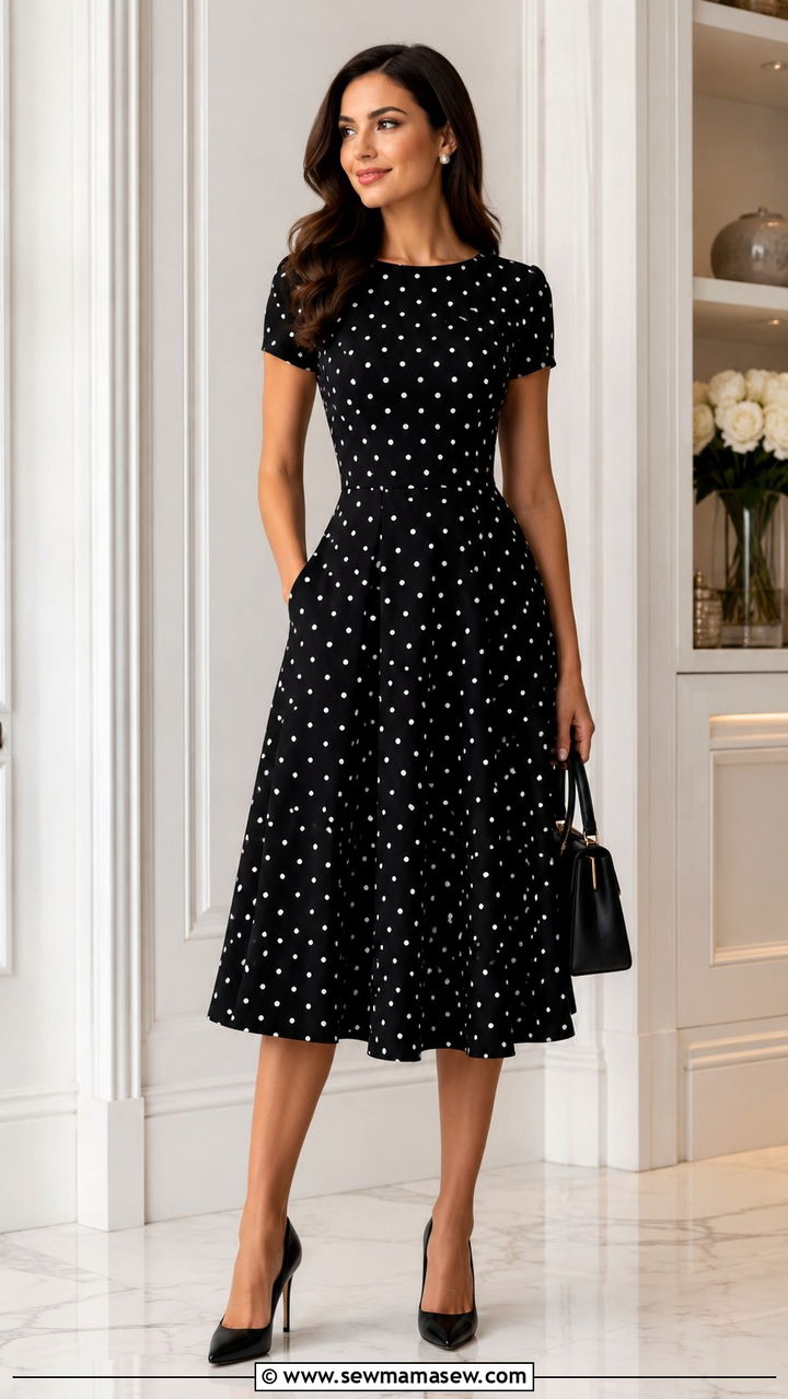 Black Polka Dot Fit and Flare Midi Dress With Minimal Jewelry - 30 Midi dress for work outfit ideas