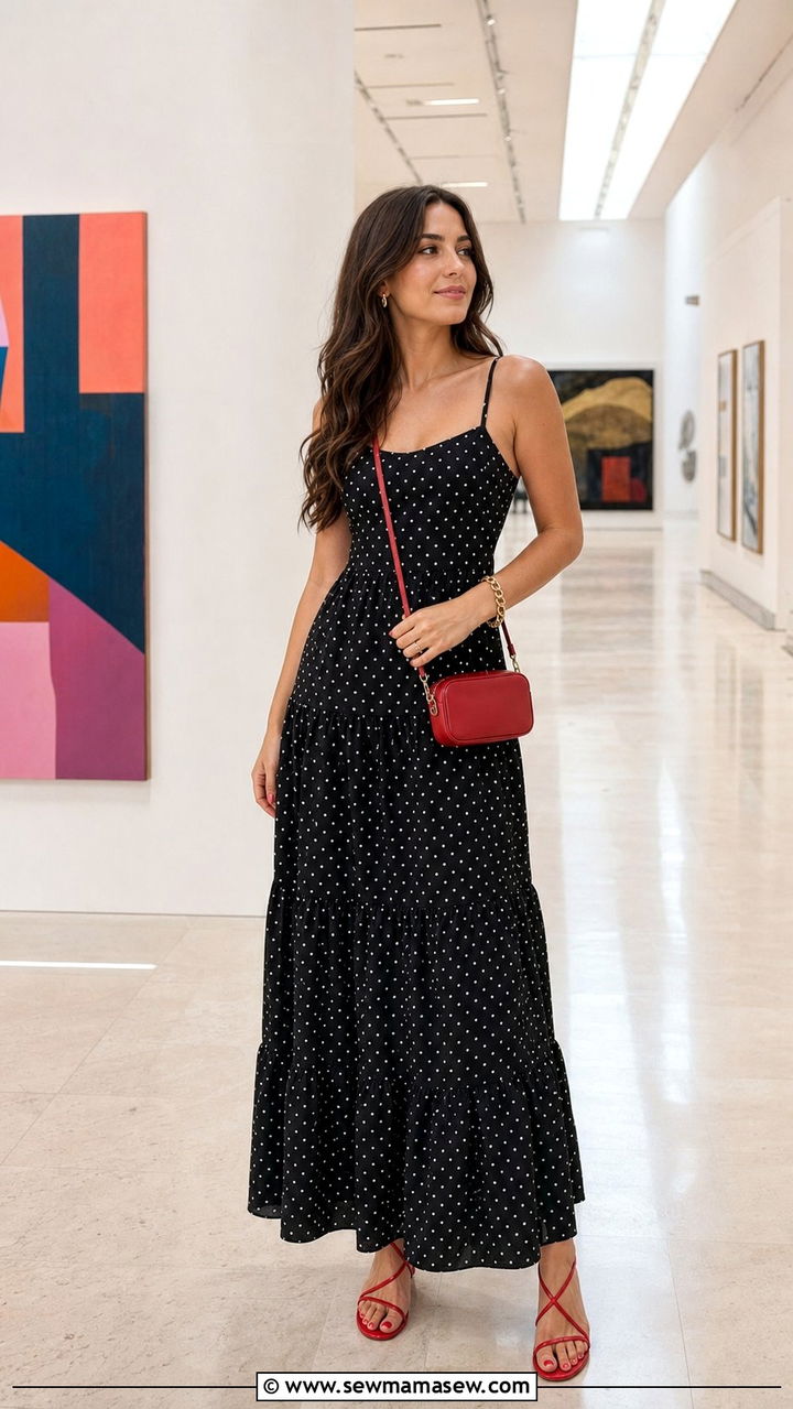 Black Polka Dot Maxi Dress with Red Accessories - 25 Dressy casual summer outfit ideas 2026