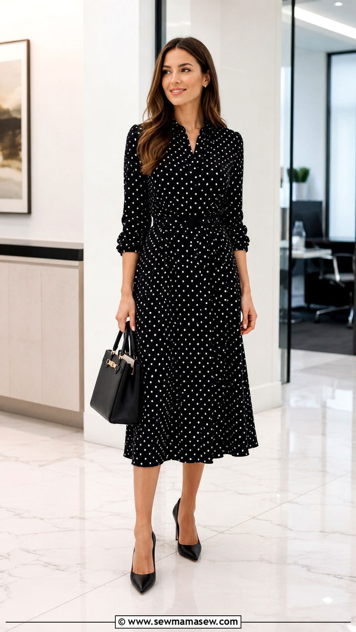 Black Polka Dot Midi Dress With Black Pumps - 30 Midi dress for work outfit ideas
