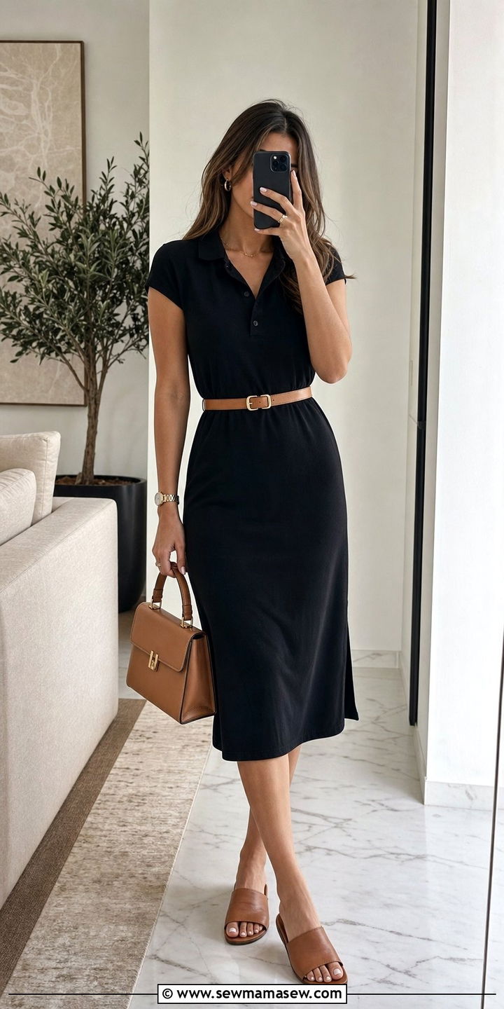 Black Polo Dress With Belt and Structured Handbag - 25 spring little black dress outfit ideas