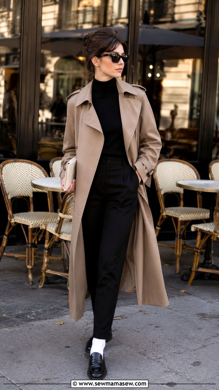 Black Polo Neck With Taupe Trench Coat and Loafers - 25 Audrey Hepburn outfit ideas