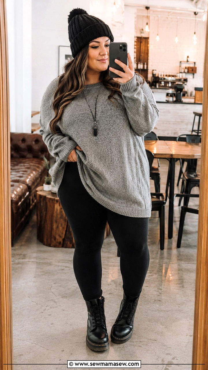 Black Ponte Leggings With Oversized Tunic Sweater And Combat Boots Petite Plus Size - 20 Petite plus size outfit ideas 18