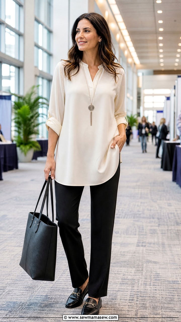 Black Ponte Pants With A Tunic Top For Long Event Days - 30 Event planner outfit ideas