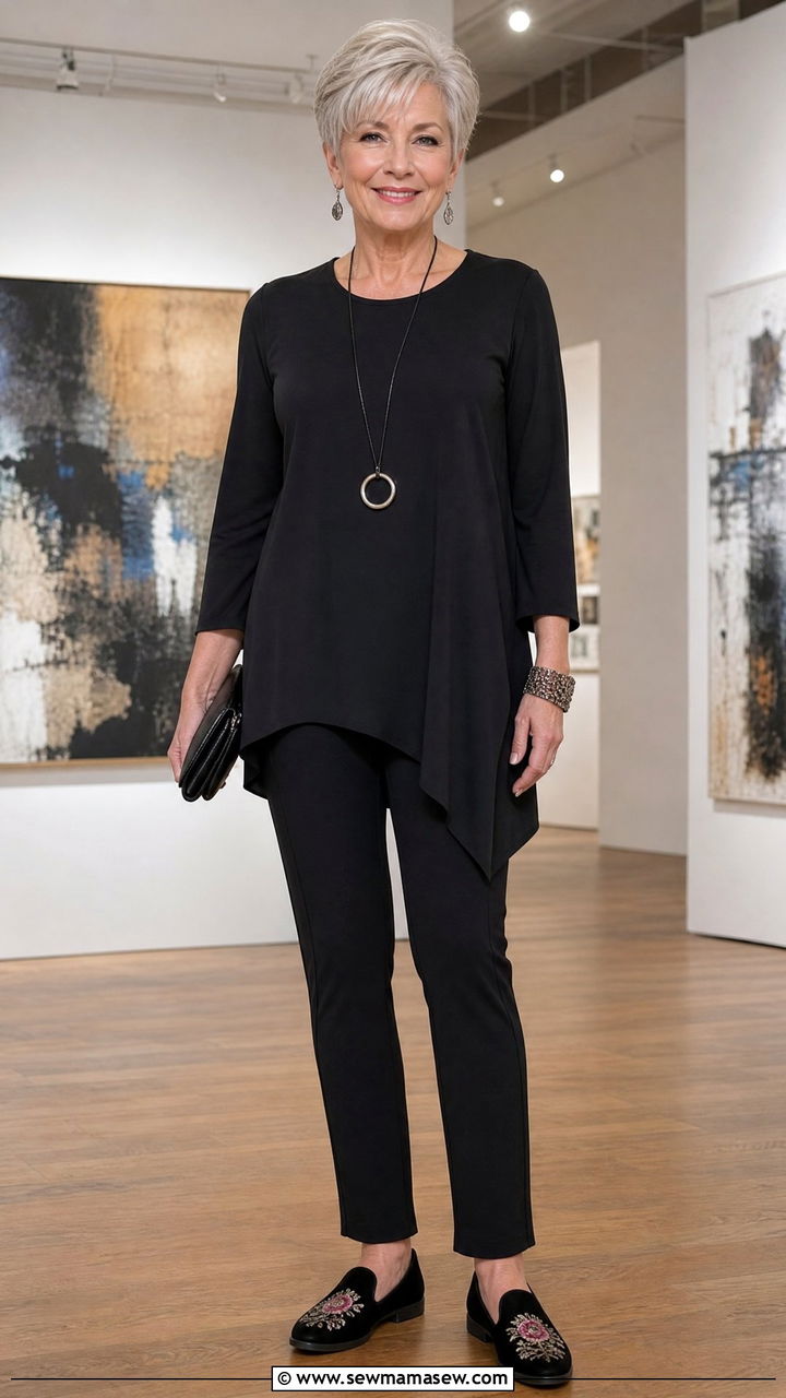 Black Ponte Pants and Asymmetric Hem Tunic with Smoking Slippers - 30 Concert outfits for women over 60